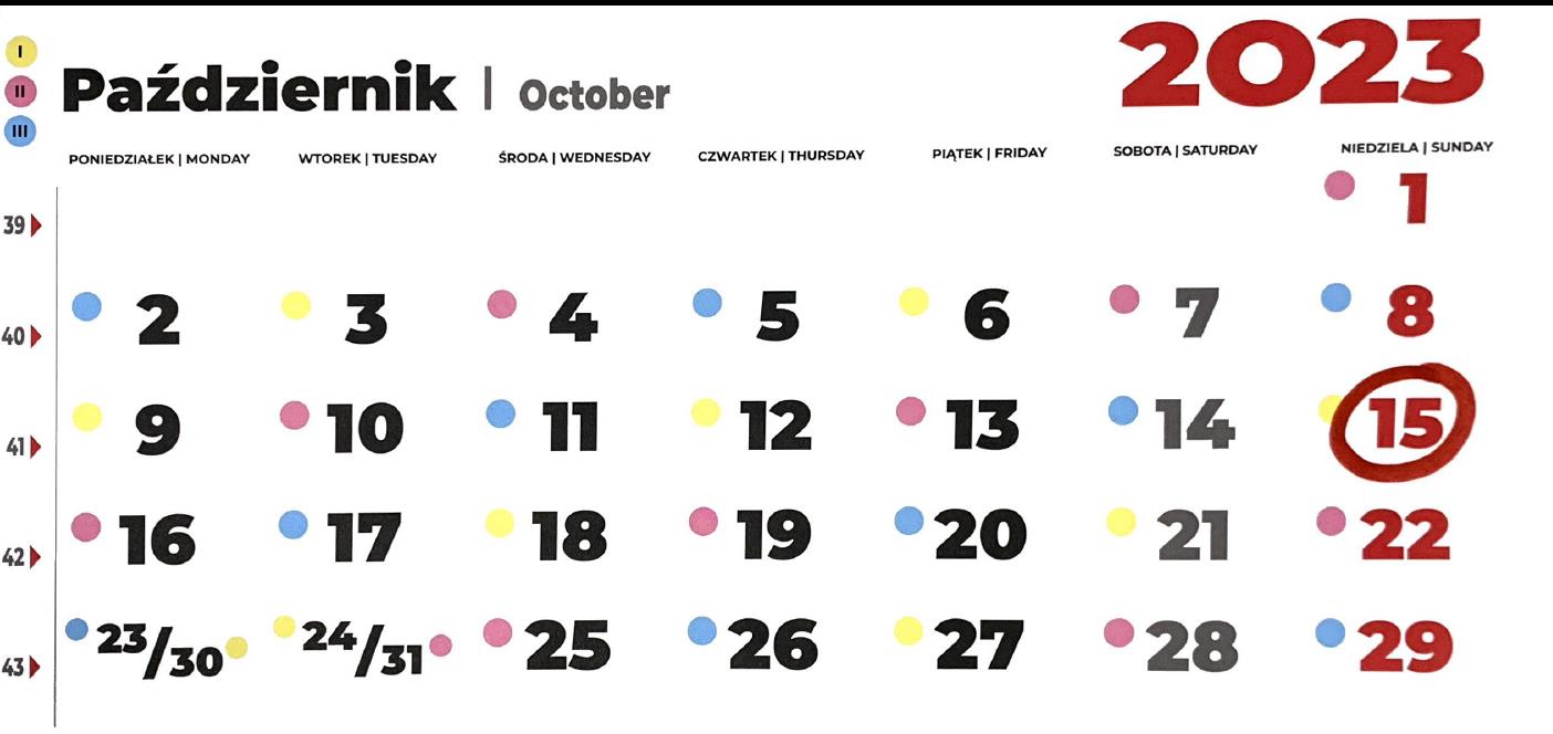 Kalendarz na miesiąc październik 2023 r. z zaznaczoną kółkiem datą wyborów - 15 października